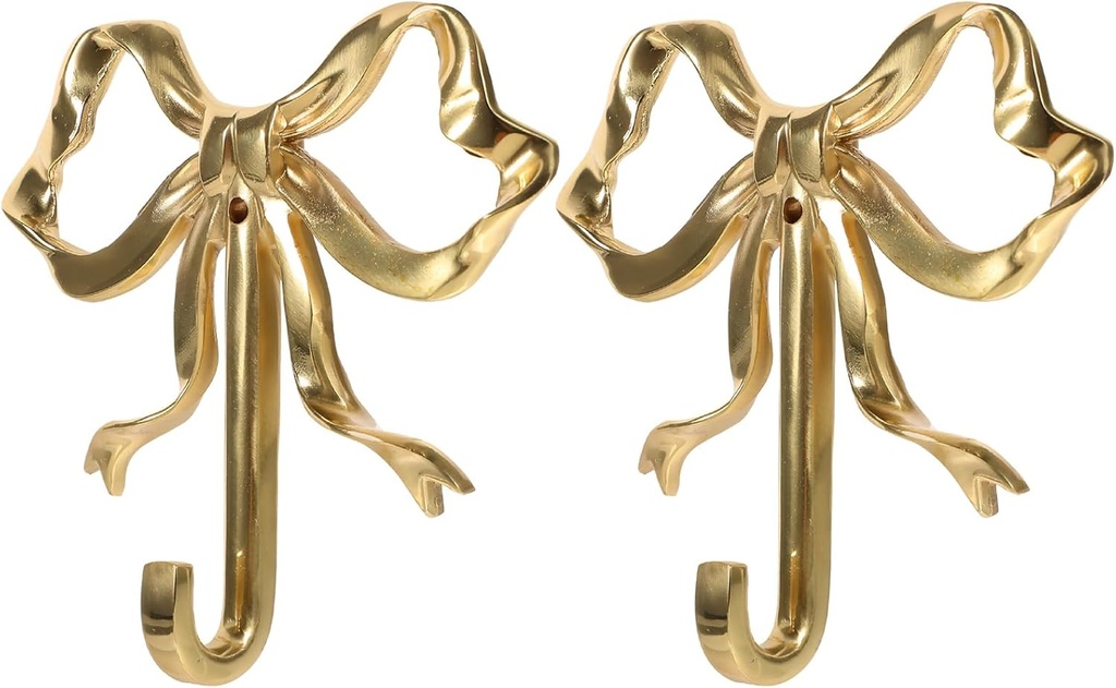 LOGOFUN 2pcs Bow Hook Bowknot Hook Bow Hooks for Wall Bowknot Brass Hook Gold Wall Hooks for Hanging Coat Hat Towel - Small(2.76X2.36X0.79in 7.01X5.99X2.00cm)