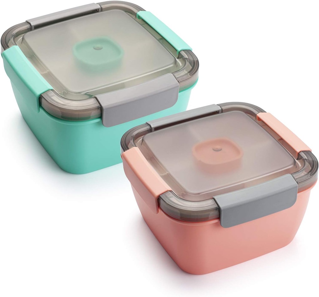 Freshmage Salad Lunch Containers To Go, 2 Pack 52-oz Bowls with 3 Compartments, Dressing Containers for Toppings, Snacks - Pink & Green