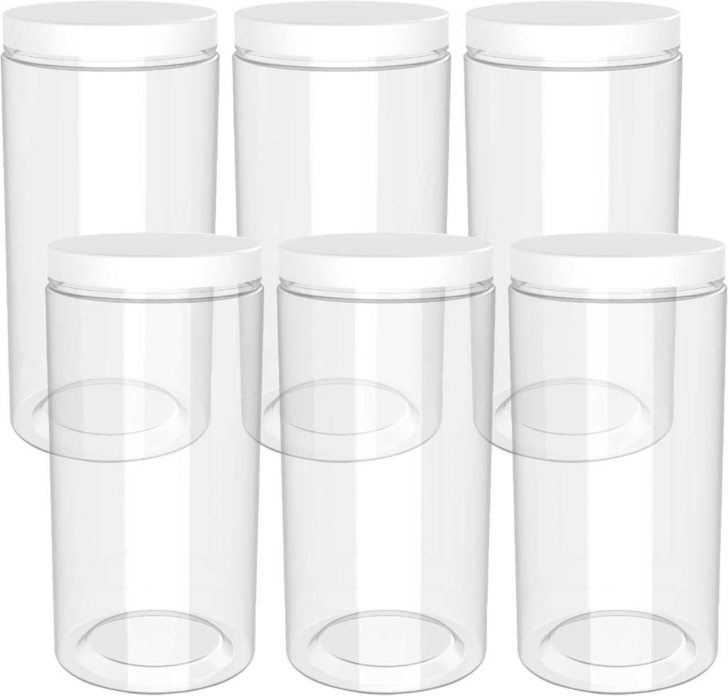 48oz (1420 ml, 6 Pack) Clear Tall Plastic Jars with Smooth White Lids and Labels, Cylindrical Food Storage BPA Free PET 1.5 Quart Canisters for Home & Kitchen Pantry Organization and Storage