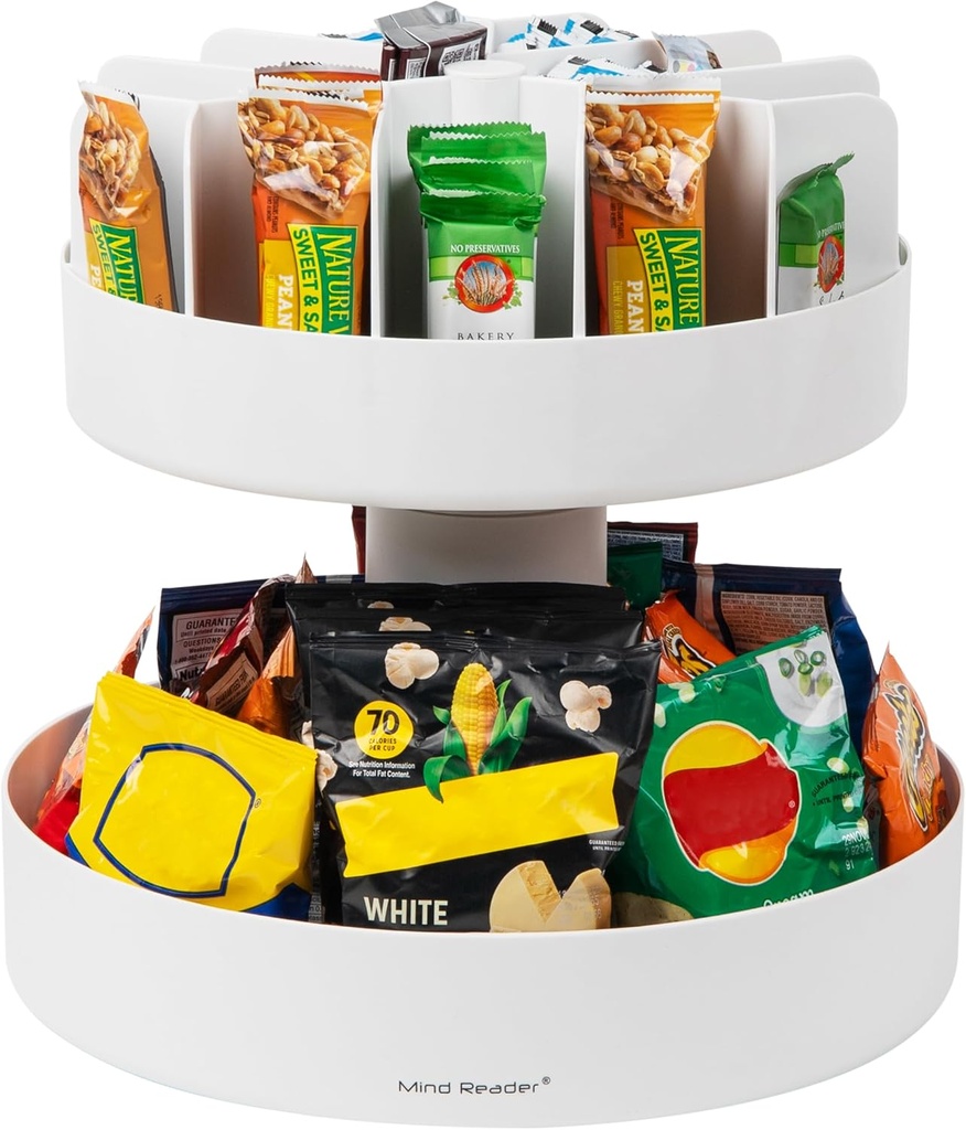 Mind Reader 2-Tier Snack Carousel, Countertop Organizer, Snack Tray, Breakroom, Kitchen, 14.25"L x 14.25"W x 14"H, White