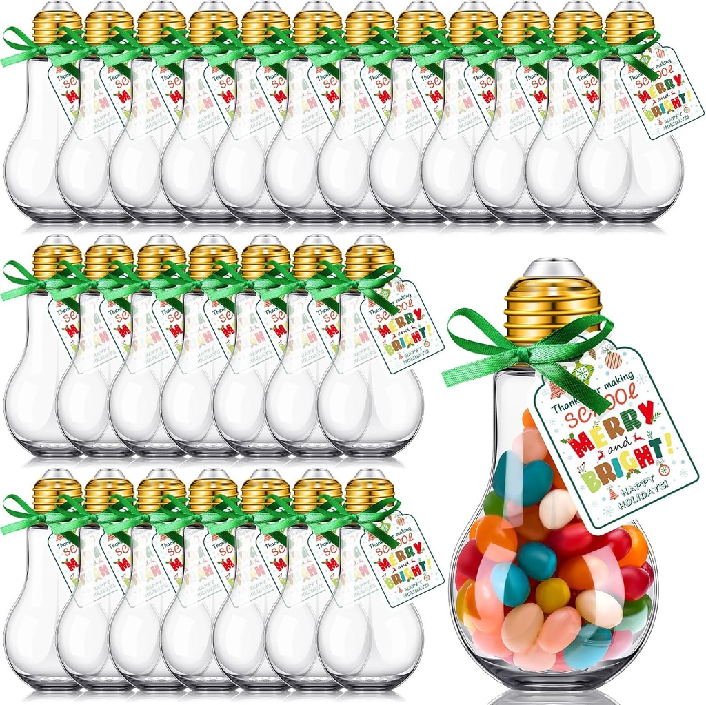 Crtiin 36 Set Christmas Candy Containers Fillable Light Bulb Ornaments 100 ml Clear Plastic Candy Containers Reusable Candy Jars with Happy Holiday cards Christmas Gifts Bulk for Xmas Party Crafts