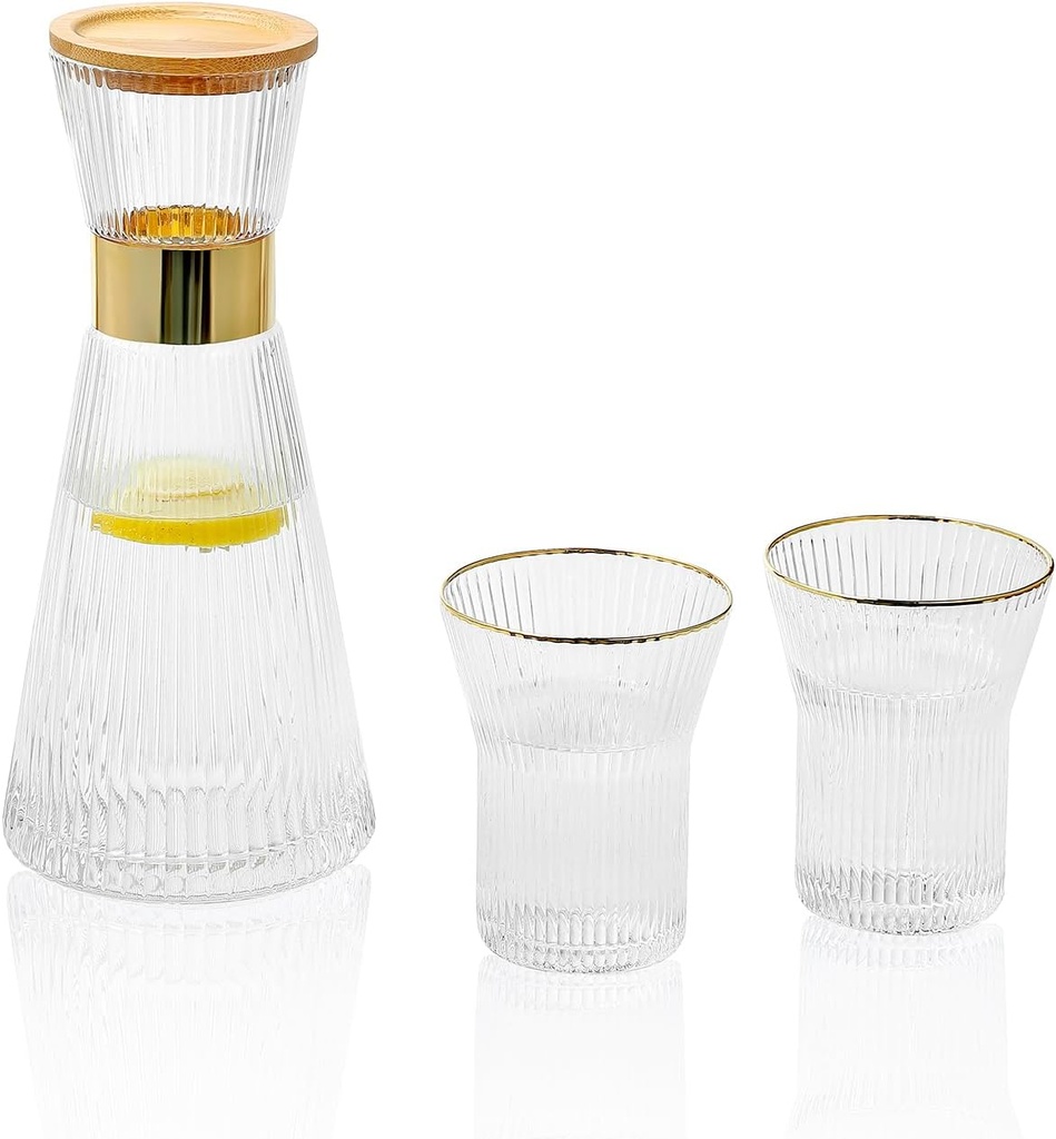 34 oz Bedside Water Carafe Set Vintage Glass with 2 Cups Ribbed Glass Carafe with Lid