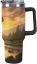 40oz Insulated Stainless Steel Tumbler with Handle, Elk Deer Forest Sunset Leakproof Water Bottles Travel Mug with Lid And Straw for Water, Iced Tea Or Coffee for Most Car Cup Holder
