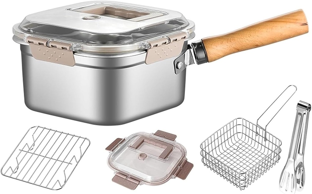 Multi-Function Frying Cooker Set - Fryer, cooker, Fresh Keeping & Vegetables Washing, Portable Stainless Steel Deep Fryer Pot with Basket, Tongs