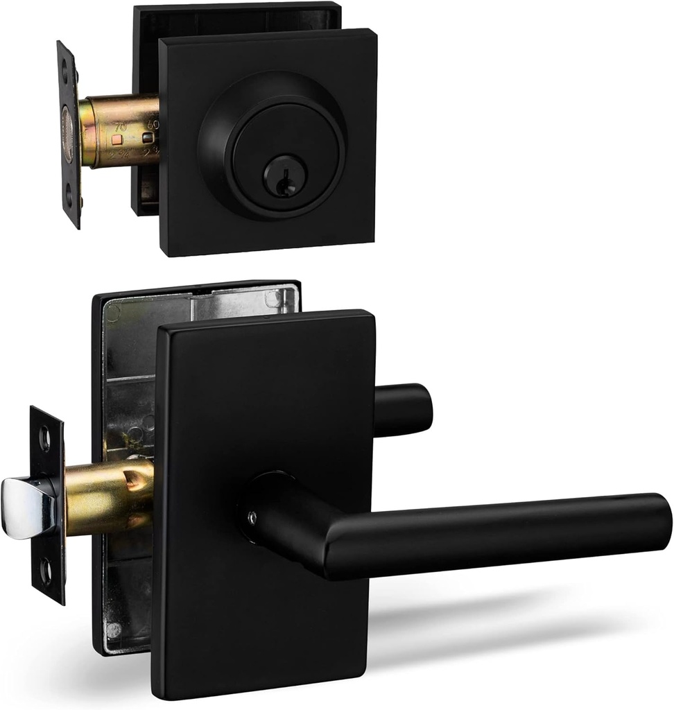 Berlin Modisch Passage Lever Door Handle and Single Cylinder Deadbolt Lock and Key Designer Series Lever Handle Set [Front Door or Office] Handleset Heavy Duty – Iron Black Finish