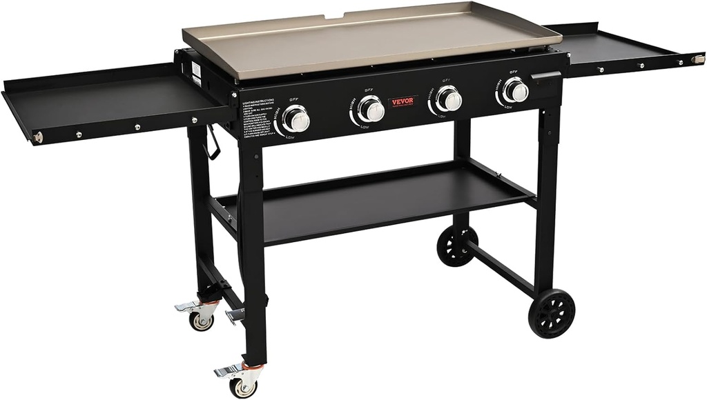 VEVOR Commercial Griddle on Cart, 36" Heavy Duty Manual Flat Top Griddle, Outdoor Cooking Station with Side Shelves, Steel Propane Gas Griddle, 4-Burners Restaurant Portable Tested toStandards