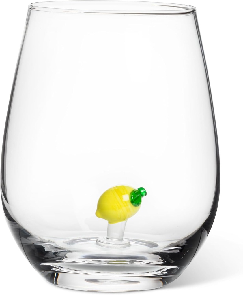 Abbott Collection Lemon Icon Stemless Goblet Wine Glass - Glass, Yellow/Clear, 4.5" H (20oz)