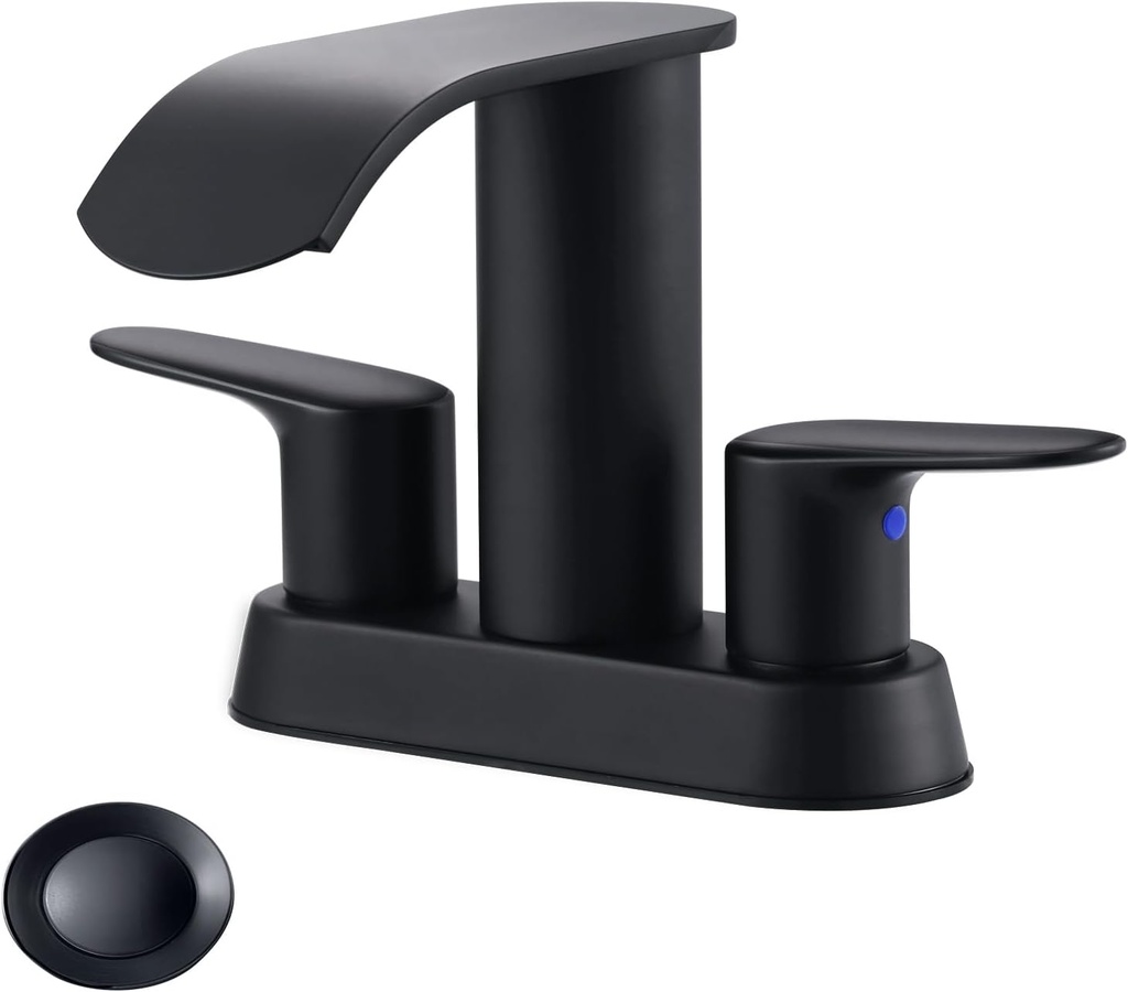 Waterfall Bathroom Faucet 4 Inch Centerset – WOWOW 2 Handle Matte Black Sink Faucet for 2 or 3 Hole Vanity, Modern Stainless Steel Zinc Alloy with Pop Up Drain and cUPC Hose for Basin