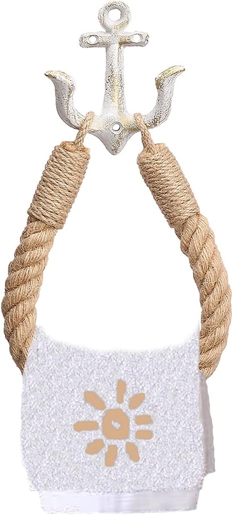 Nautical Anchor Toilet Paper Holder Rustic Industrial Wall-Mounted Towel Ring with Metal Hook for Bathroom Decor (White)