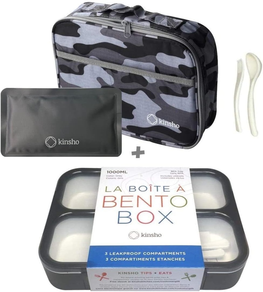 Bento Box with Insulated Lunch Bag and Ice Pack. Lunch Container with 3 Divided Leak-Resistant Compartments Perfect for Work or School, Adults Boys Kids, Black with Camo Bag