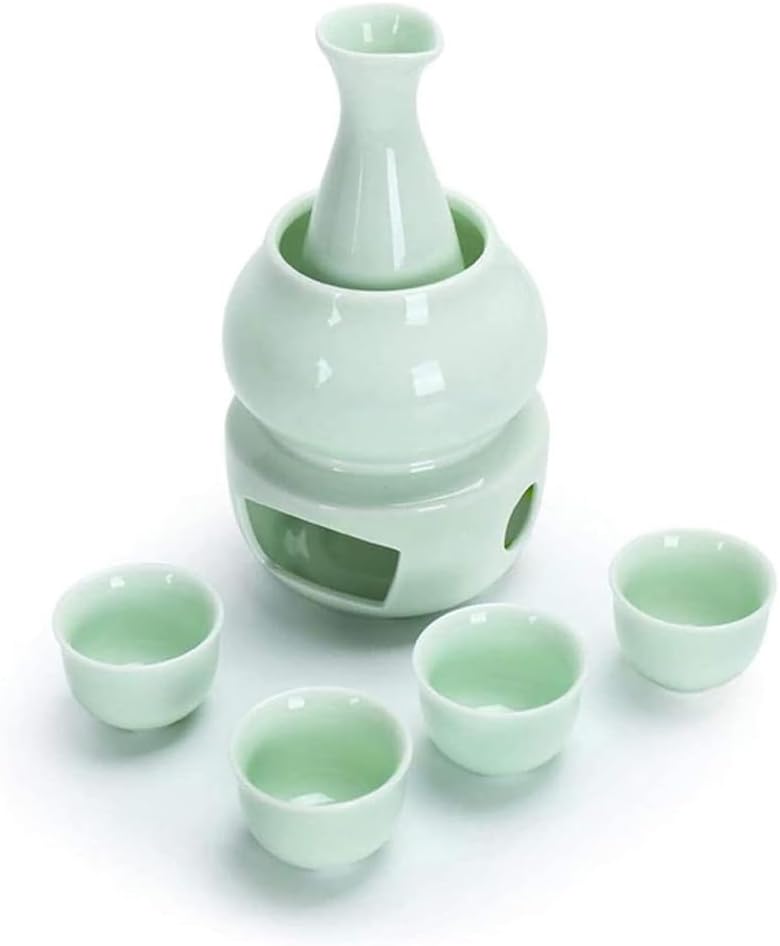 Japanese Ceramic Sake Set Warmer, Celadon Ceramic Japanese Hot Sake Set,Traditional Retro Porcelain Crafts Commercial Restaurant Sake Cup Gift for Sake Lovers green