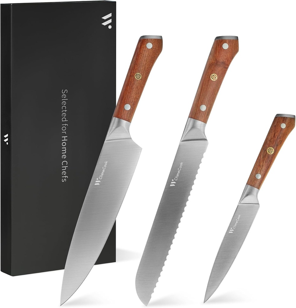 Kitchen Knife Set 3-piece, Must-have kitchen knife set, Chef's knife, Bread knife, High - Carbon Stainless Steel sharp blades, Ergonomic Natural rosewood handles, Gift box