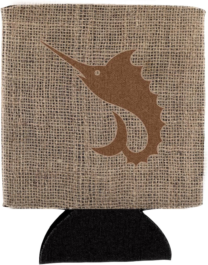 Caroline's Treasures BB1097-BL-BN-CC Fish - Sword Fish Burlap and Brown BB1097 Can or Bottle Hugger Cooler Washable Drink Sleeve Collapsible Beverage Insulated Holder, Can Hugger, Multicolor