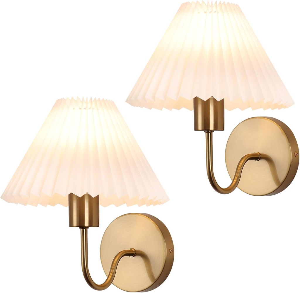 Brushed Gold Wall Sconces Sets of 2, White Pleated Fabric lampshade, Indoor Gooseneck Wall Lamp Lighting, Bathroom Dresser Hardwired sconces wall decor Fixture for Living Room Bedroom Dining Room