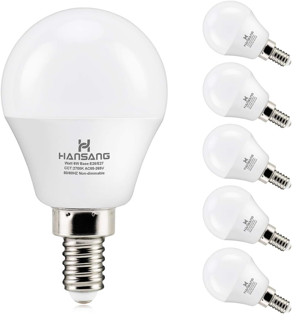 hansang 6 watt (60w Equivalent) LED Bulbs, E12 Small Base Candelabra Round Light Bulb, 600 Lumen, Warm White 2700K Ceiling Fan Light Bulbs, A15 LED Bulb Globe Shape, Non dimmable (6 Pack)