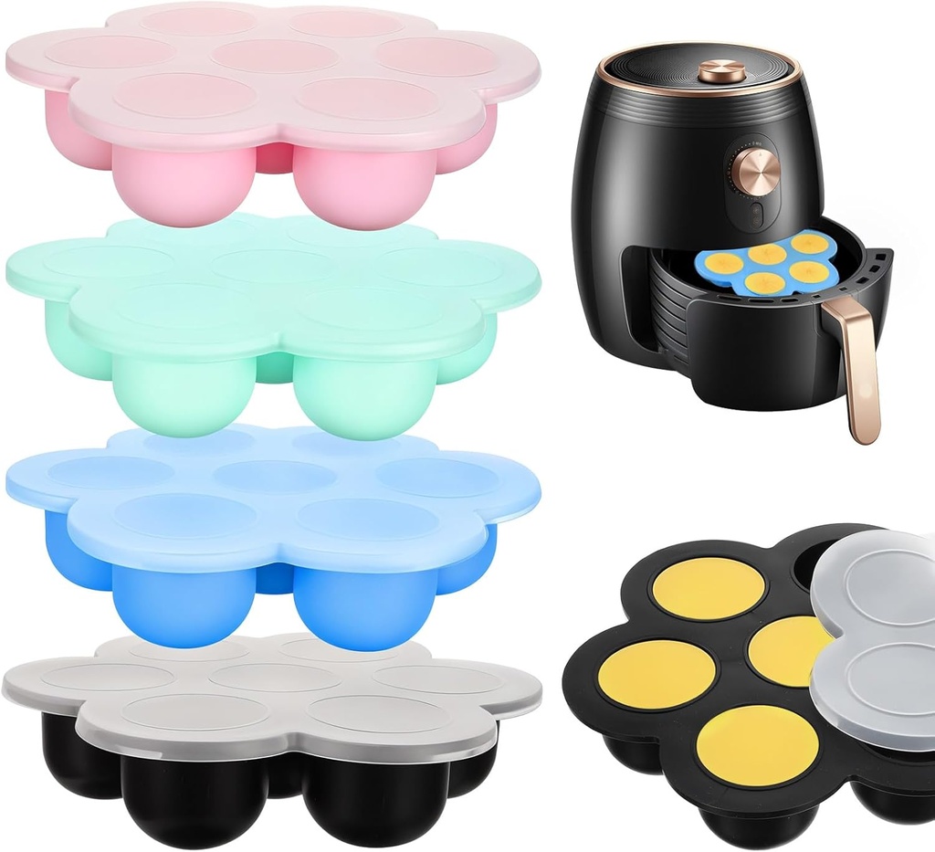 4 Pcs Silicone Egg Bite Molds for Air Fryer, Nonstick 7 Cups Air Fryer Muffin Pan for Baking Egg Bite, Mini Muffins, Tart, Mini Cupcake and Quiche, Pink, green, yellow, black