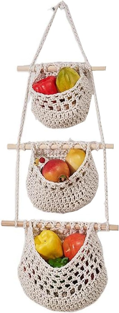 Hanging Fruit Basket, 3 Tier Cotton Rope Baskets, Produce Storage Basket for Organizing Fruit Vegetable, Boho Kitchen Decor Wall Hanging Basket