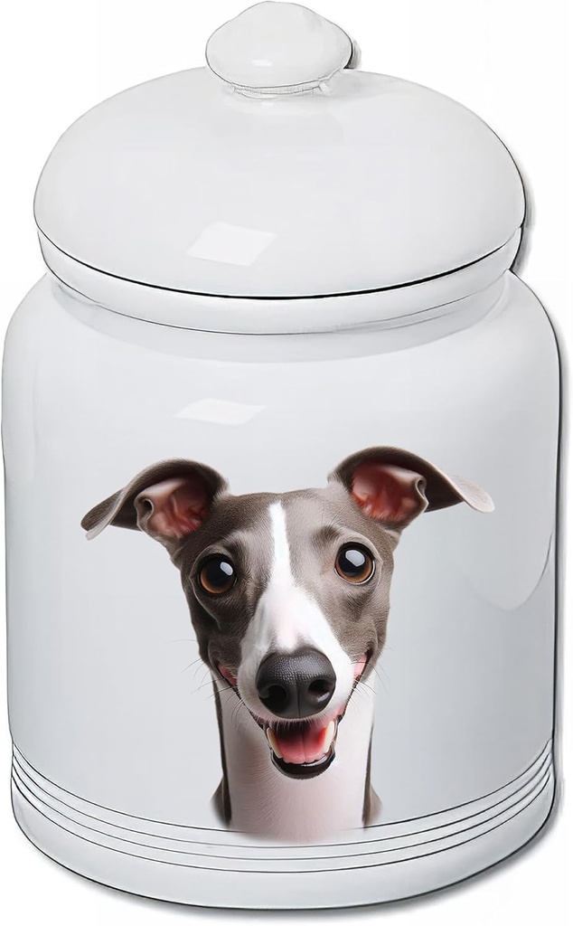 Best of Breed Italian Greyhound Grey/White Dog and Cat Ceramic Treat Jar 9" Tall Air Tight Seal All White