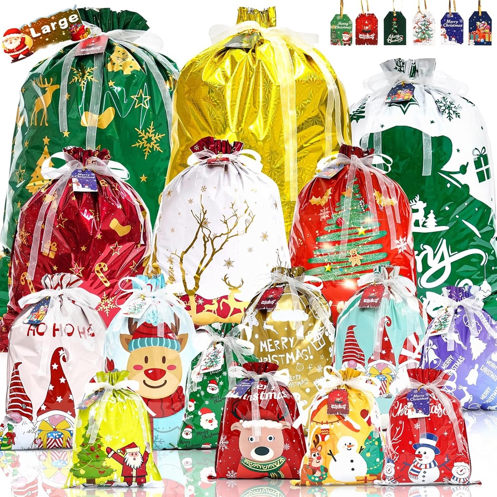 MOKANI Christmas Drawstring Gift Bags, 32Pcs Xmas Wrapping Bags Large Medium Small for Presents with 32Pcs Tags for Birthday Holiday Party