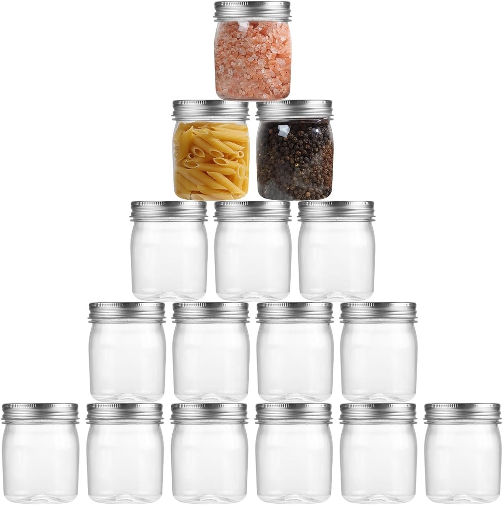 novelinks Plastic Jars With Lids 16Pcs 8 oz Mason Jars Silver With Lids Food Storage for Milkshakes Juice Nuts Cupcakes (Silver, 16 Pack 8 Ounce)