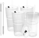 4 Pcs Ribbed Drinking Glasses, 20 oz Ribbed Glass Tumblers, Ribbed Glass Cups with Lid and Straw, Old Fashioned Glasses, Ideal for Iced Coffee, Smoothies, Cocktails, and Juices