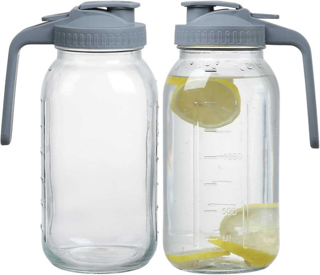 Mason Jar Pitcher 64oz Glas Mason Jars with Pour Spout Lids 2 Pack Pitcher Jug Leak Proof Refrigerator Safe for Milk and Tea