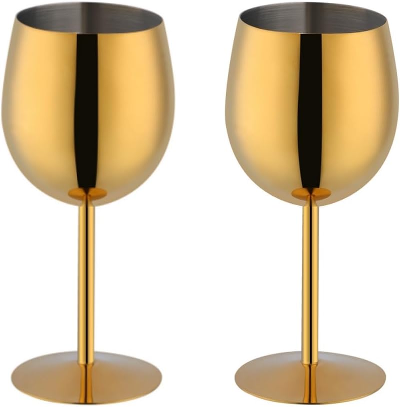 Stainless Steel Wine Glasses Set of 2, 11.8oz Unbreakable Goblet Glass,White Red Wine Metal Drink Champagne Goblet for Outdoor, Travel, Camping, Party,Wedding (Gold)