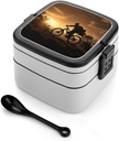 Adult Double-Layer Bento Box Mountain Bike in The Evening Portable Lunch Box with Spoon And Invisible Handle Leakproof Microwave-Safe Food Container for Work Travel Camping