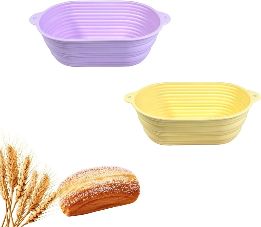 2 Pcs Silicone Bread Proofing Baskets, Collapsible Sourdough Bread Baking Supplies Dough Proofing Box Oven Safe for Artisan Bread Making for Professional and Home Bakers (Yellow and Purple Oval)