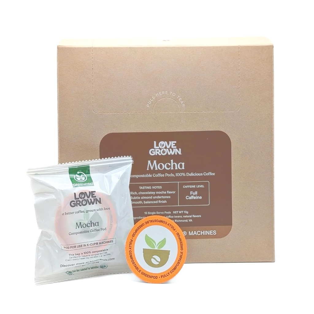 Love Grown Compostable Coffee Pods - Compatible with Single-Serve Brewing Machines - 100% Arabica Beans, Plastic-Free, Gluten-Free, Non-GMO - Mocha, Box of 15