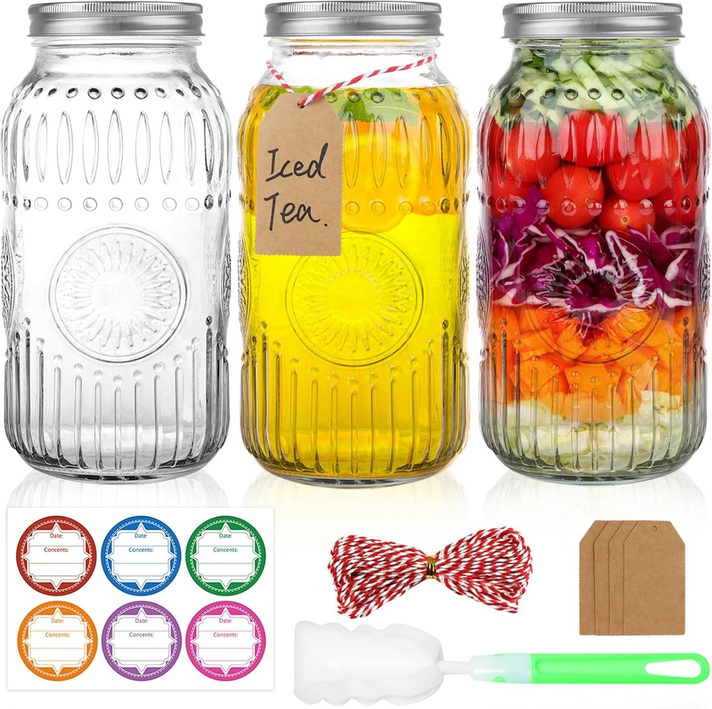 Wide Mouth Mason Jars 64 oz, 3 Pack Large Half Gallon Mason Jars with Airtight Lids and Bands, Clear Glass Canning Jars for Preserving, Pickling, Fermenting, Meal Prep & DIY Crafts (Sunflower)