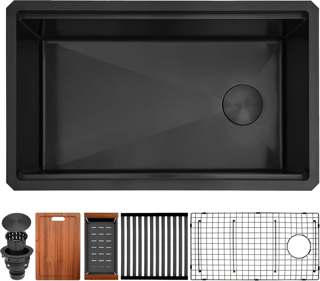 Black Undermount Kitchen Sink,16 Gauge Stainless Steel Sinks,Single Bowl Workstation Sink,Modern Kitchen Sink Offset Drain (30" X 18")