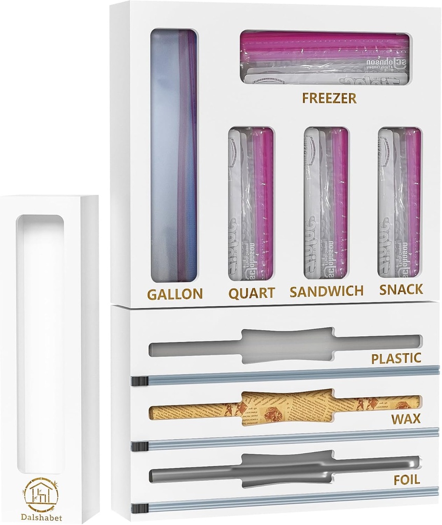 DALSHABET 9 IN1 Bamboo Storage Bag Drawer Organizer with Cutter, Foil and Plastic Wrap Dispenser for Kitchen Storage Compatible with All Brands Gallon, Quart, Sandwich & Snack Size Bags - White