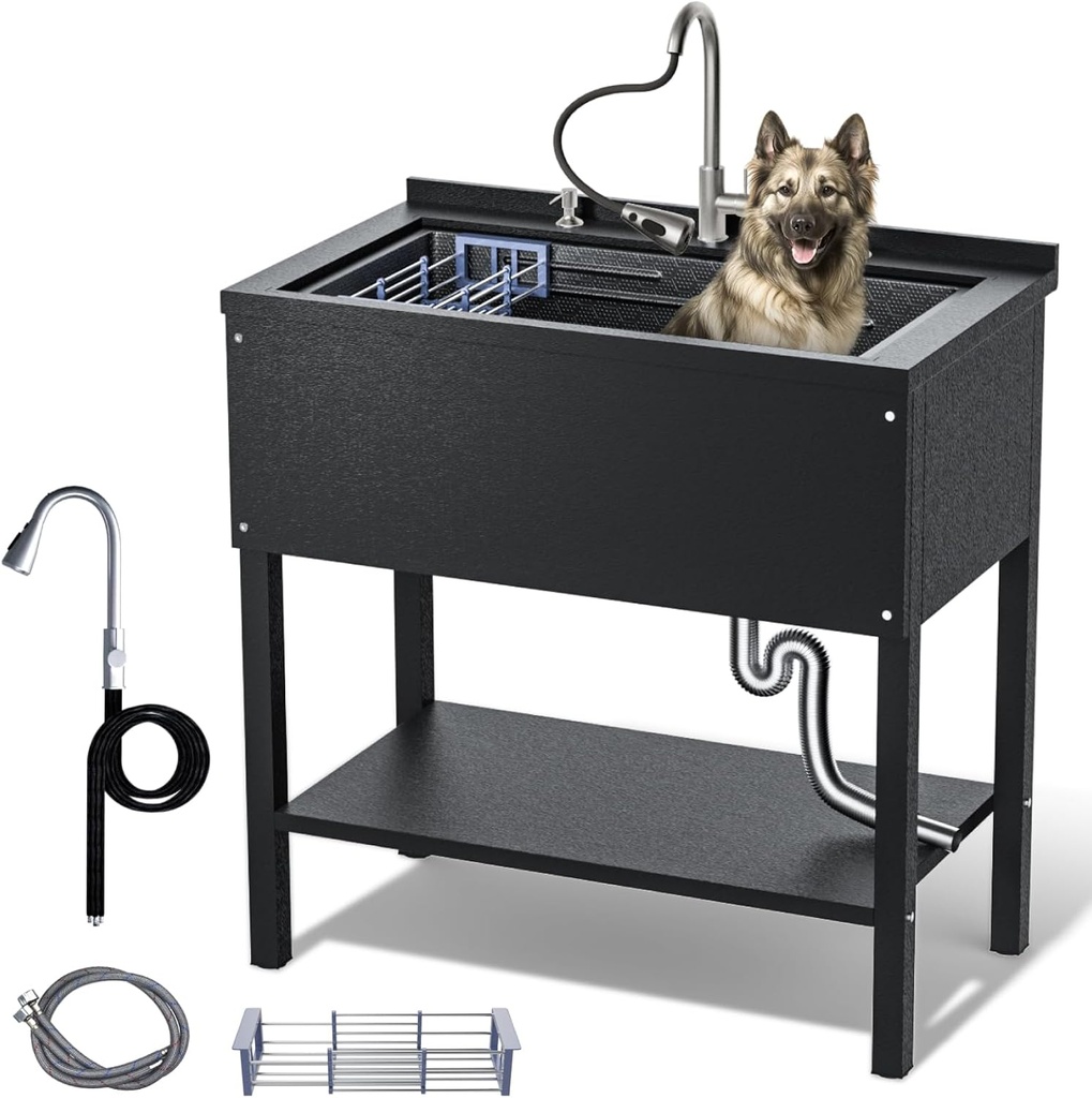 36" Stainless Steel Utility Sink, Freestanding Kitchen Sink with Faucet, Hoses and Drain Basket, Commercial Sinks for Garage, Kitchen, Bathroom, Laundry Room