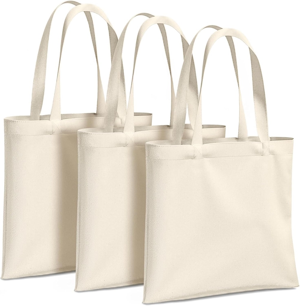 Three Pack Canvas Tote - Lightweight Thin Bags, Bulk Blank Shopping Reusable Grocery Bags, Suitable for Promotion, Gift, Activity, Size 14W x 15H inch (Beige)