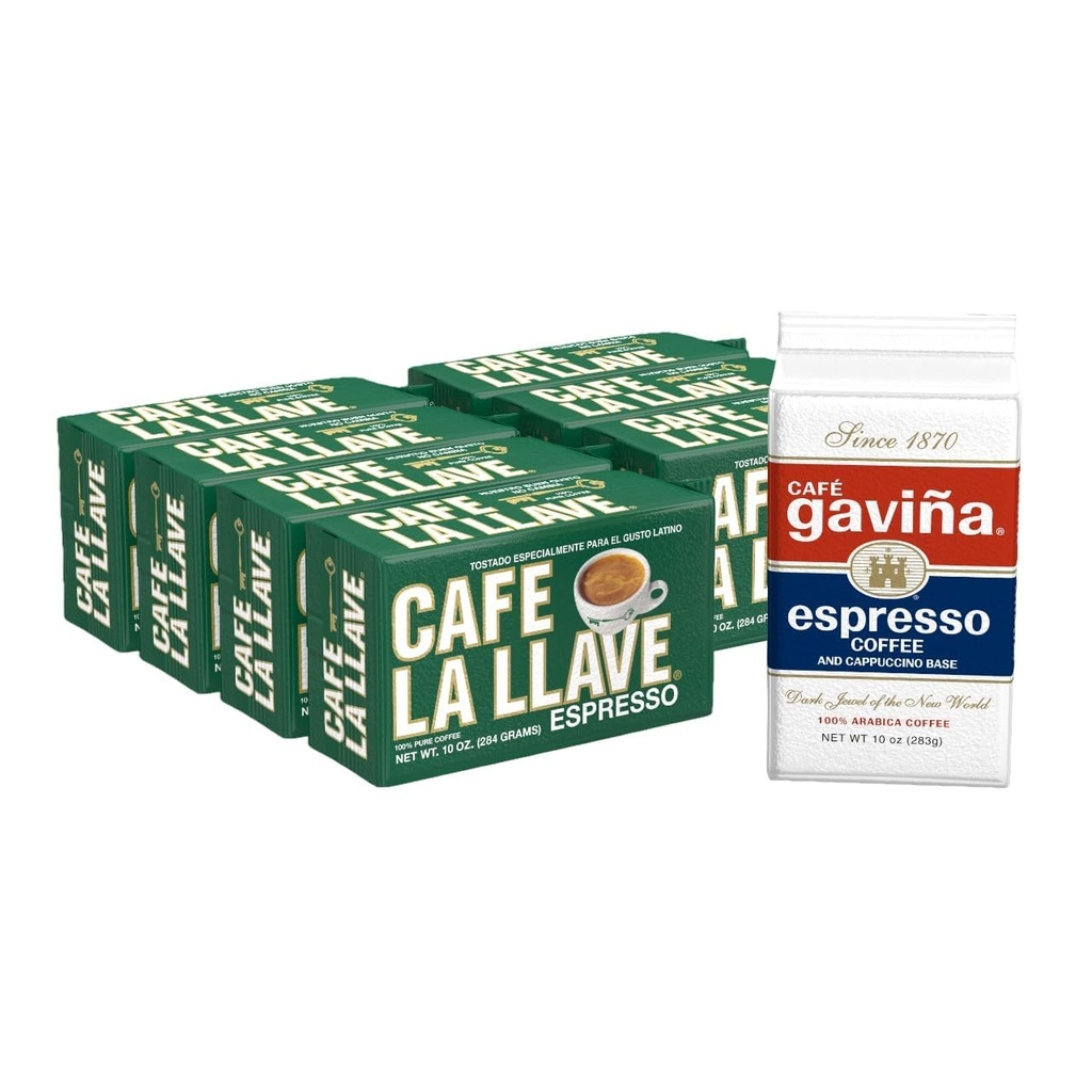 Cafe La Llave Cuban-Style Espresso Dark Roast Ground Coffee, 8-Pack (7 x 10 oz + 1 Bonus Cafe Gaviña), Rich and Bold