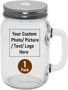 Custom 14.5oz Mason Jars Cup with Lid and Straw Personalized Picture Photo Text or Logo Iced Glass Drinking Jars with Handle Great Gifts on Birthdays Christmas Halloween Thanksgiving (1, Custom Jars)