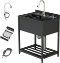 Stainless Steel Utility Sink, 30.8" × 22" × 39.5"Freestanding Sink with Cold and Hot Water Faucet,Hoses and Drain Kit for Kitchens, Bathrooms, Garage, Laundry Room
