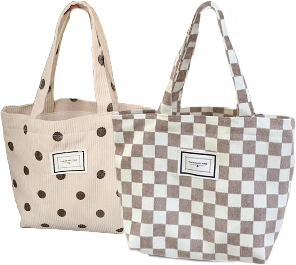 2PCS Corduroy Small Tote Bag for Women Cute Checkerboard Mini Tote Bag Preppy Aesthetic Reusable Bags for Grocery, Essentials, Water Bottle, Keys