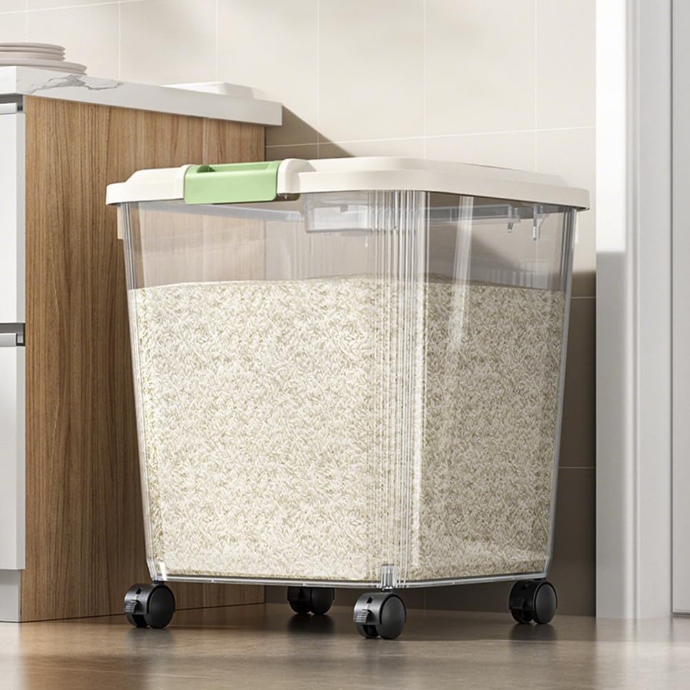 Food-Grade Rice Storage Container with Measuring Cup/Wheels – Airtight, Anti-Insect, Moisture-Proof Bin for Rice, Flour, Pet Food – Large Kitchen & Pantry Organizer (02,55 lbs(with wheels))
