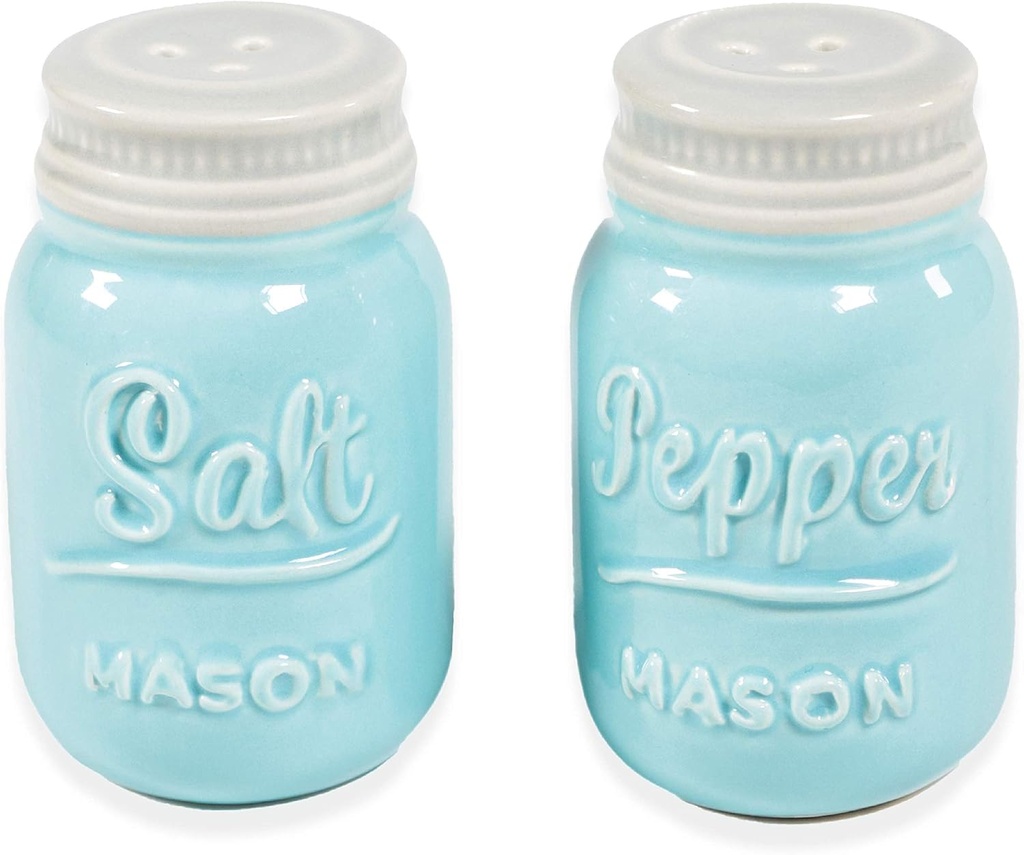 Mason Salt & Pepper Shakers - Vintage Ceramic Salt & Pepper Shaker Set - Retro Farmhouse Decorative Jar Dispenser for Kitchen (Blue)
