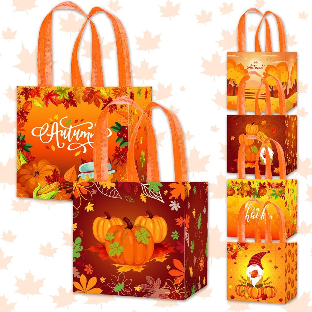 Hying 6PCS Thanksgiving Gift Bags for Gift Wrap Kids, Reusable Fall Themed Gift Bags with Handle Gnome Pumpkin Harvest Grocery Shopping Candy Bags for Autumn Thanksgiving Fall Party Favors Supplies