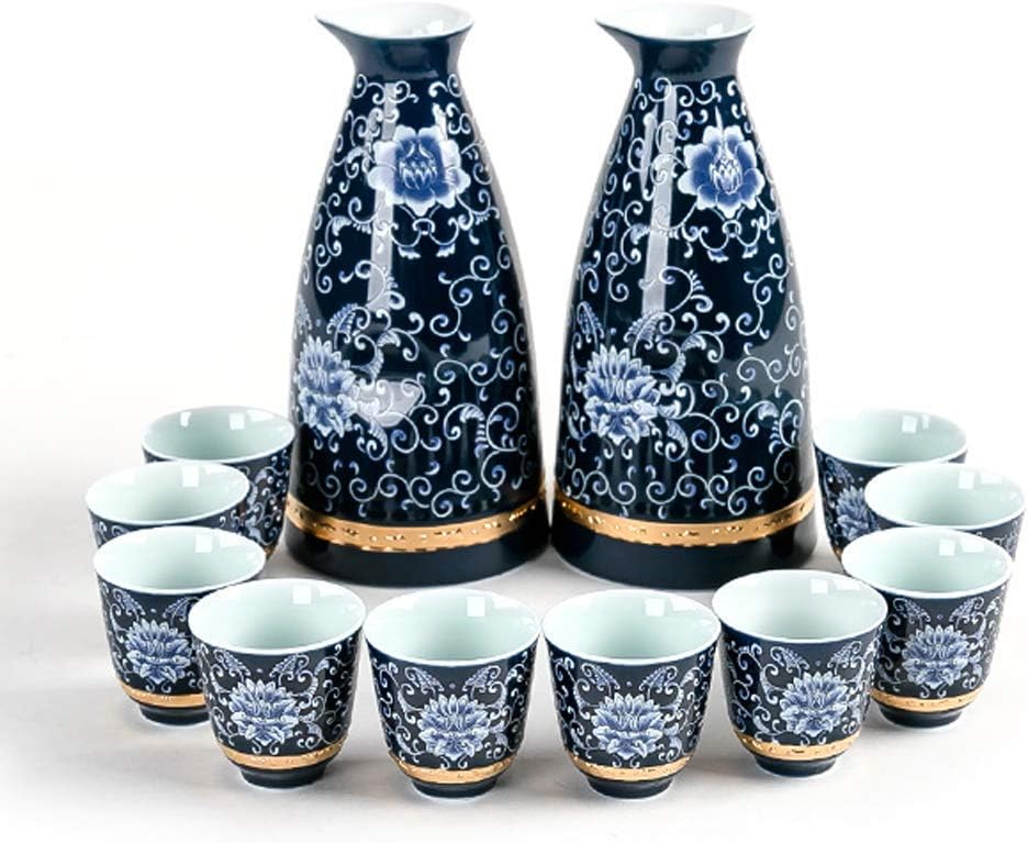 12 Pcs Japanese Sake Set, Ceramic Painted Phnom Relief Craft, Wine Glasses Set with 2 Sake Serving Bottle and 10 Sake Cups, for Cold and Hot Sake Gift Set, Blue-Tableware