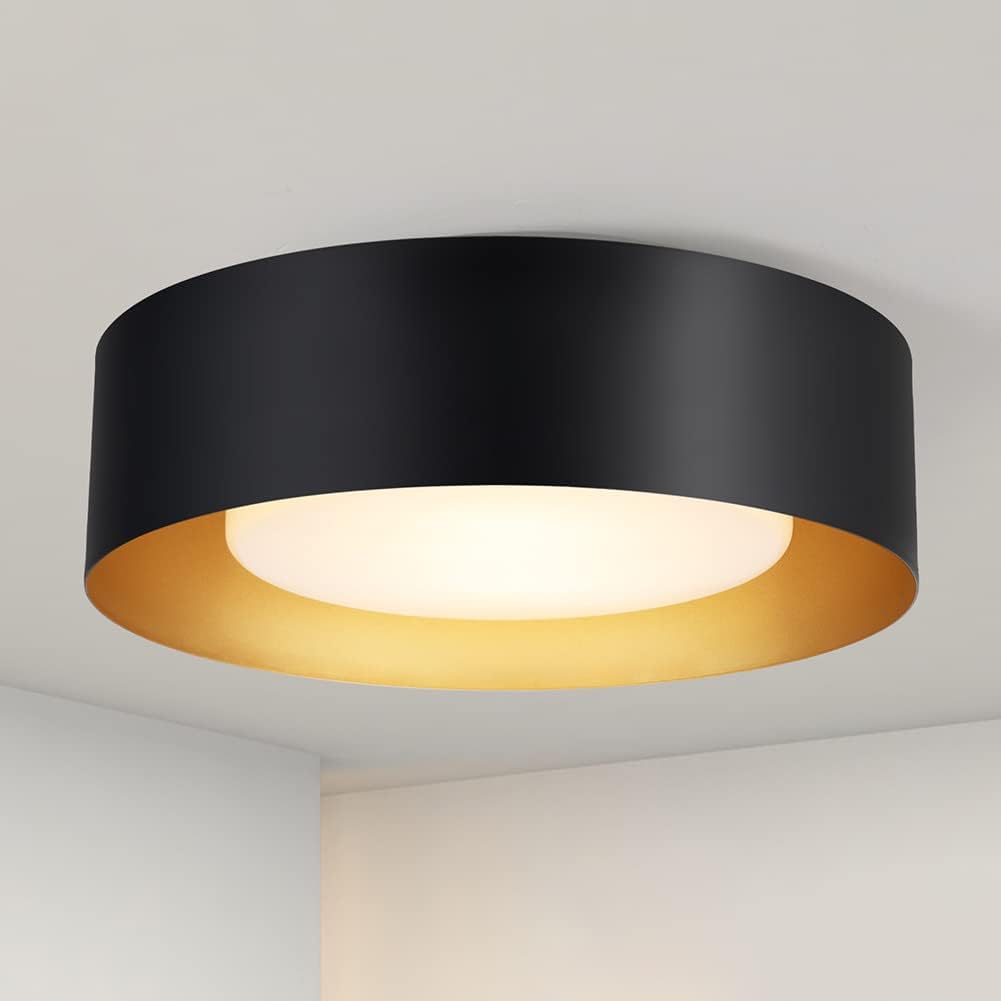 Modern Black and Gold Flush Mount Ceiling Lights, Glass Round Ceiling Lighting, Minimalist Drum Close to Ceiling Light Fixtures for Bedroom, Dining Room, Bathroom, Hallways, Living Room