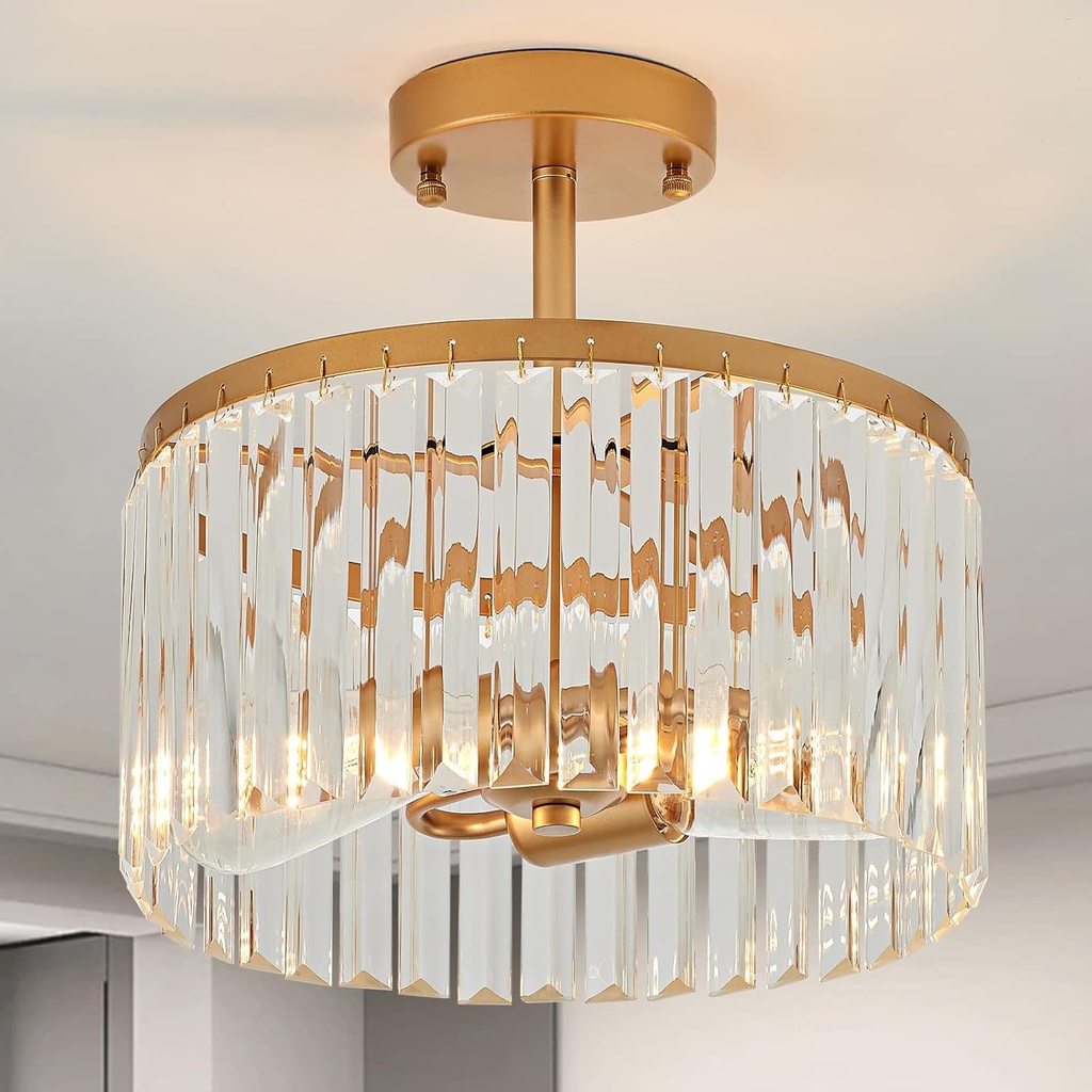 12" Gold Semi Flush Mount Crystal Ceiling Light Fixtures for Kitchen Modern Industrial 2-Light Small Chandeliers Lighting for Bedroom Entryway Hallway Living Dining Room Foyer