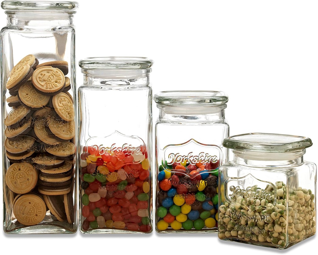 Circleware Yorkshire Heritage Antique Mason Jar Glass Canisters with Lids, Set of 4, Kitchen Glassware Food Preserving Containers for Coffee, Sugar, Tea, Cereal, 80 oz, 57 oz, 43 oz, 28 oz