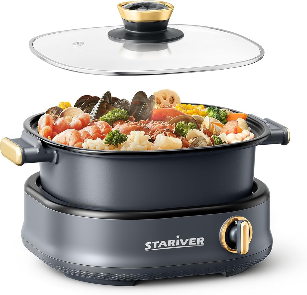 Stariver 3L Electric Hot Pot with Dual-Power Control and Non-Stick,Electric Shabu Shabu Pot with Removable Pot, Electric Pot with Tempered Glass Lid for Party, Family Dinners