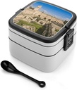 Adult Double-Layer Bento Box Israel at The Tower of David Portable Lunch Box with Spoon And Invisible Handle Leakproof Microwave-Safe Food Container for Work Travel Camping
