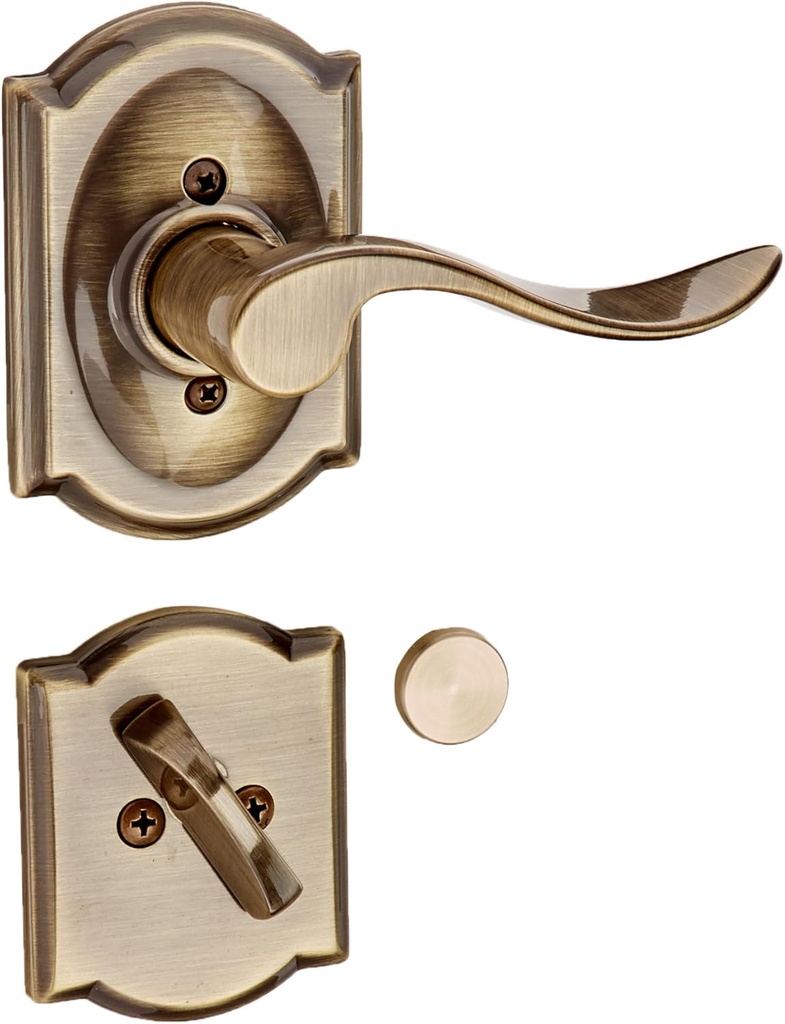 Schlage Lock Company F94ACC609CAMRH Antique Brass Interior Pack Accent Lever Right Handed Dummy Interior Pack with Deadbolt Cover Plate and Decorative Camelot Rose