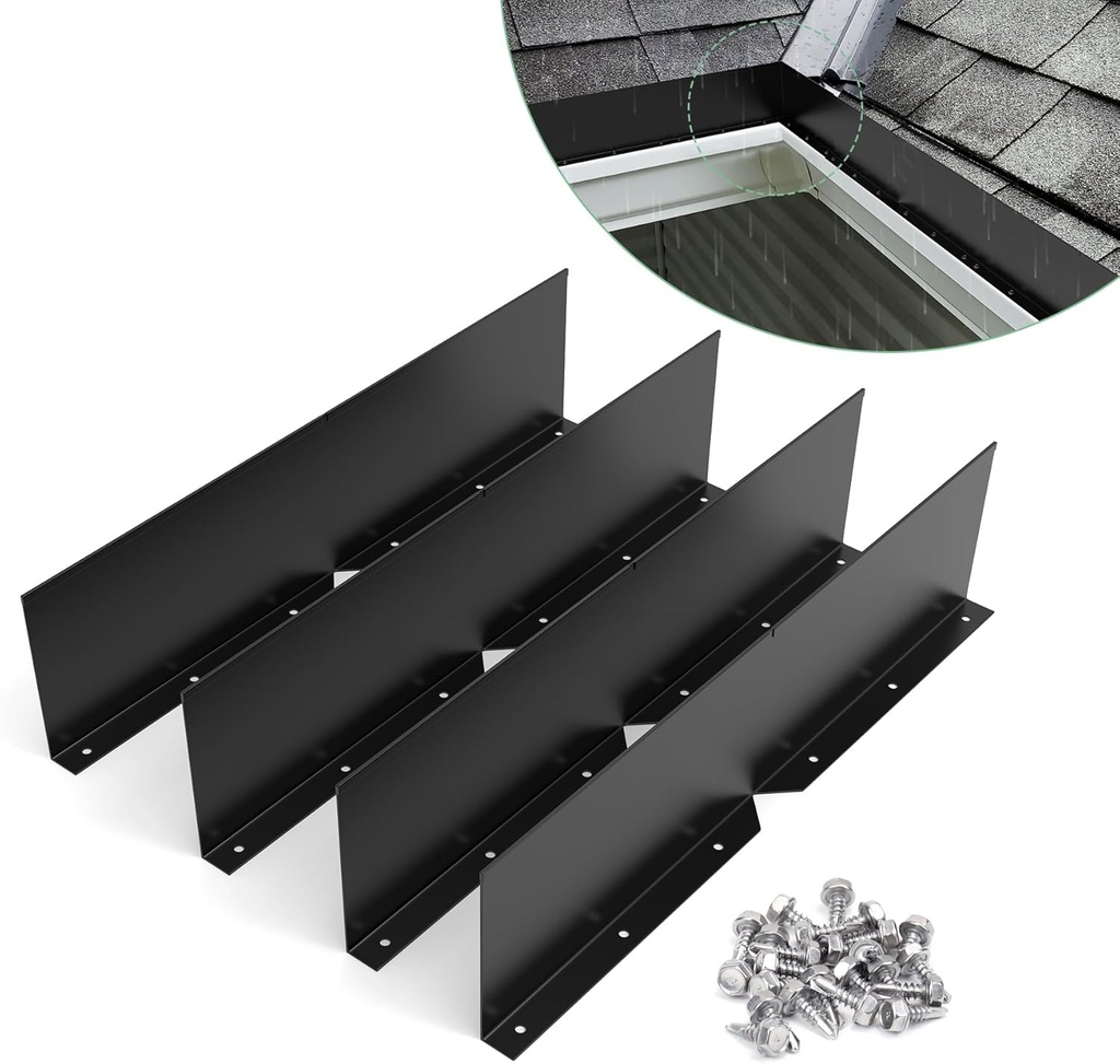 4 Pcs Gutter Valley Splash Guards Roof Rain Diverter,Aluminum Rain Diverter Roofing Gutter Guards,Bendable fits Any Corner,Suitable for Most Residential Flat Tile Roof Corners(Black)
